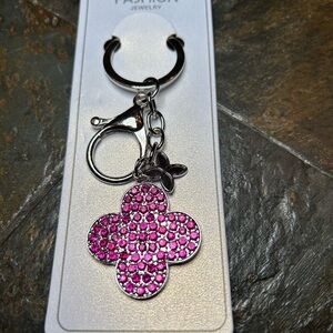 Pink Clover Rhinestone Keychain & Purse Charm, Silver Hardware. NWT